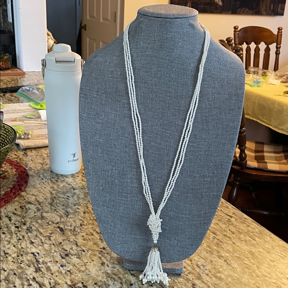 Long White Beaded Tassel Necklace